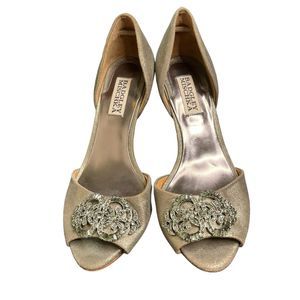 BADGLEY MISCHKA Metallic Pewter Rhinestone D'Orsay Heels Pumps Shoes Sz 6.5 a14